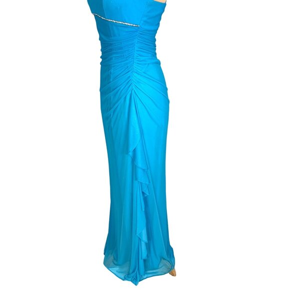 Ruched Chiffon Blue Glam Slip Gown Rhinestone Accent Side Ruffle Design 5 Prom - Picture 4 of 10